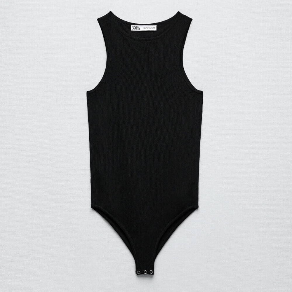NWT. Zara Black Viscose Blend Knitwear Sleeveless Bodysuit. Size S.